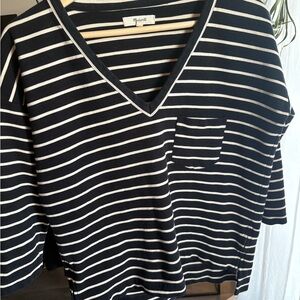 Madewell Women Black Slub Ponte Knit Side Zip Striped 3/4 Sleeve Top A2686 S